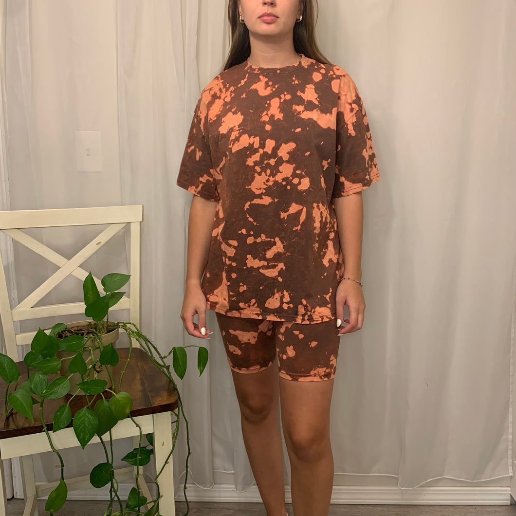 Peach & Brown Biker Shorts W/ Oversized Tee Set - Medium