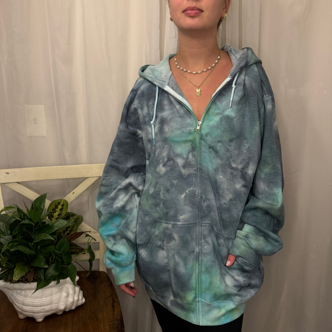 Teal & Gray Zip-Up Hoodie - 2XL