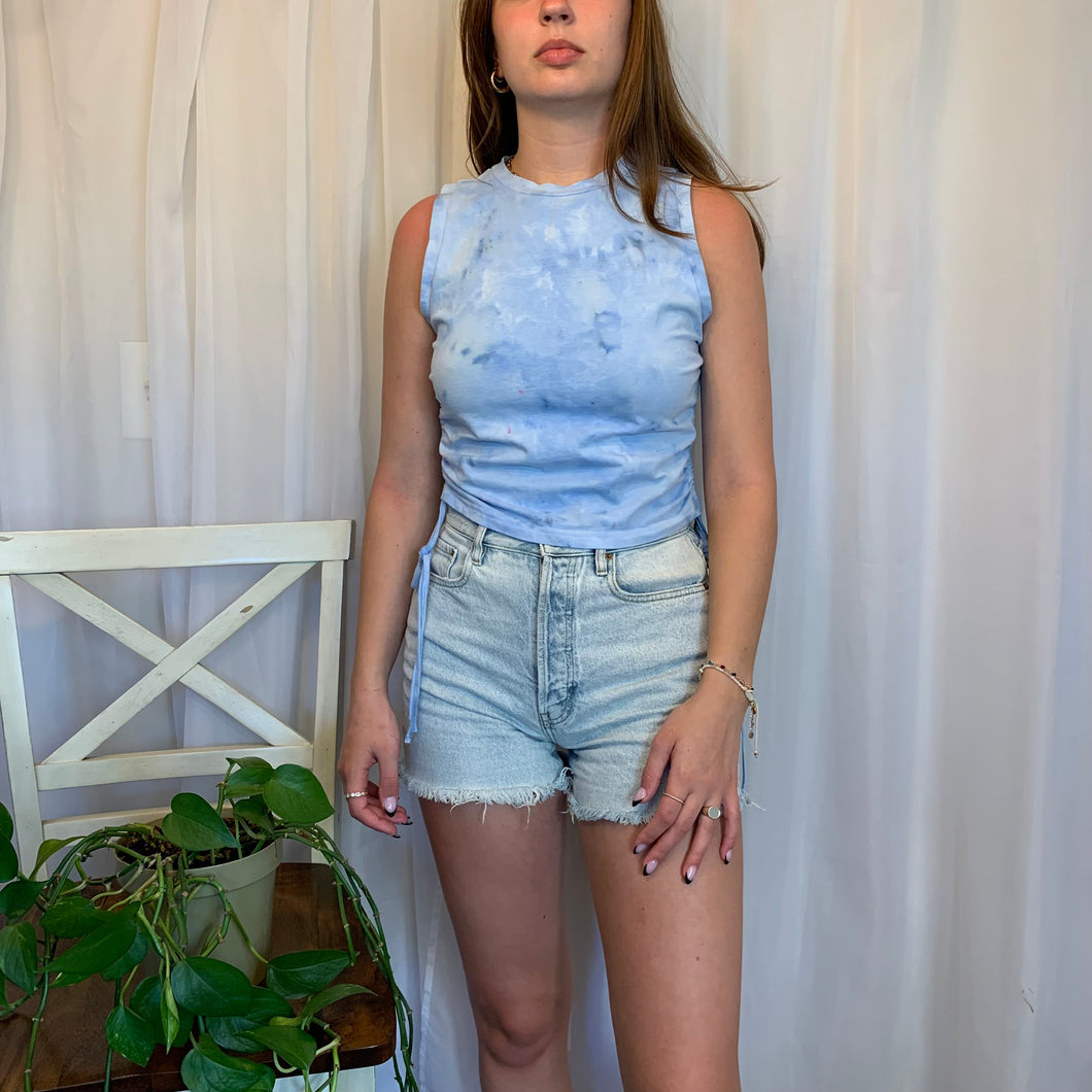 Drawstring Ruched Side Crop Sky Blue Tank - XL