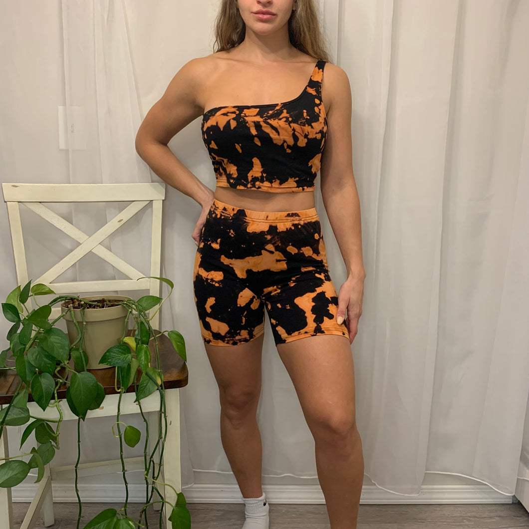 Black & Orange One Shoulder Biker Set - Medium